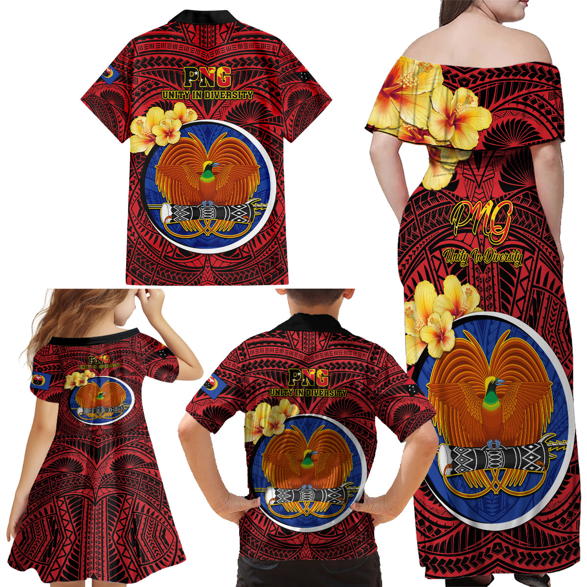 Papua New Guinea Gulf Province Family Matching Off Shoulder Long Sleeve Dress and Hawaiian Shirt Mix Coat Of Arms Polynesian Pattern LT05 - Polynesian Pride