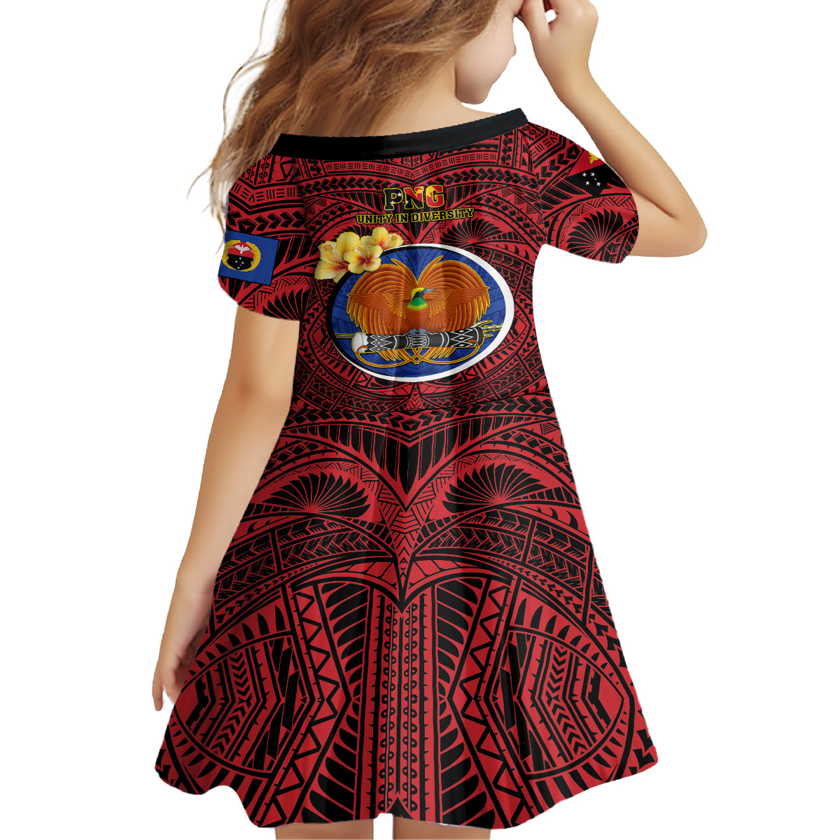 Papua New Guinea Gulf Province Kid Short Sleeve Dress Mix Coat Of Arms Polynesian Pattern LT05 - Polynesian Pride