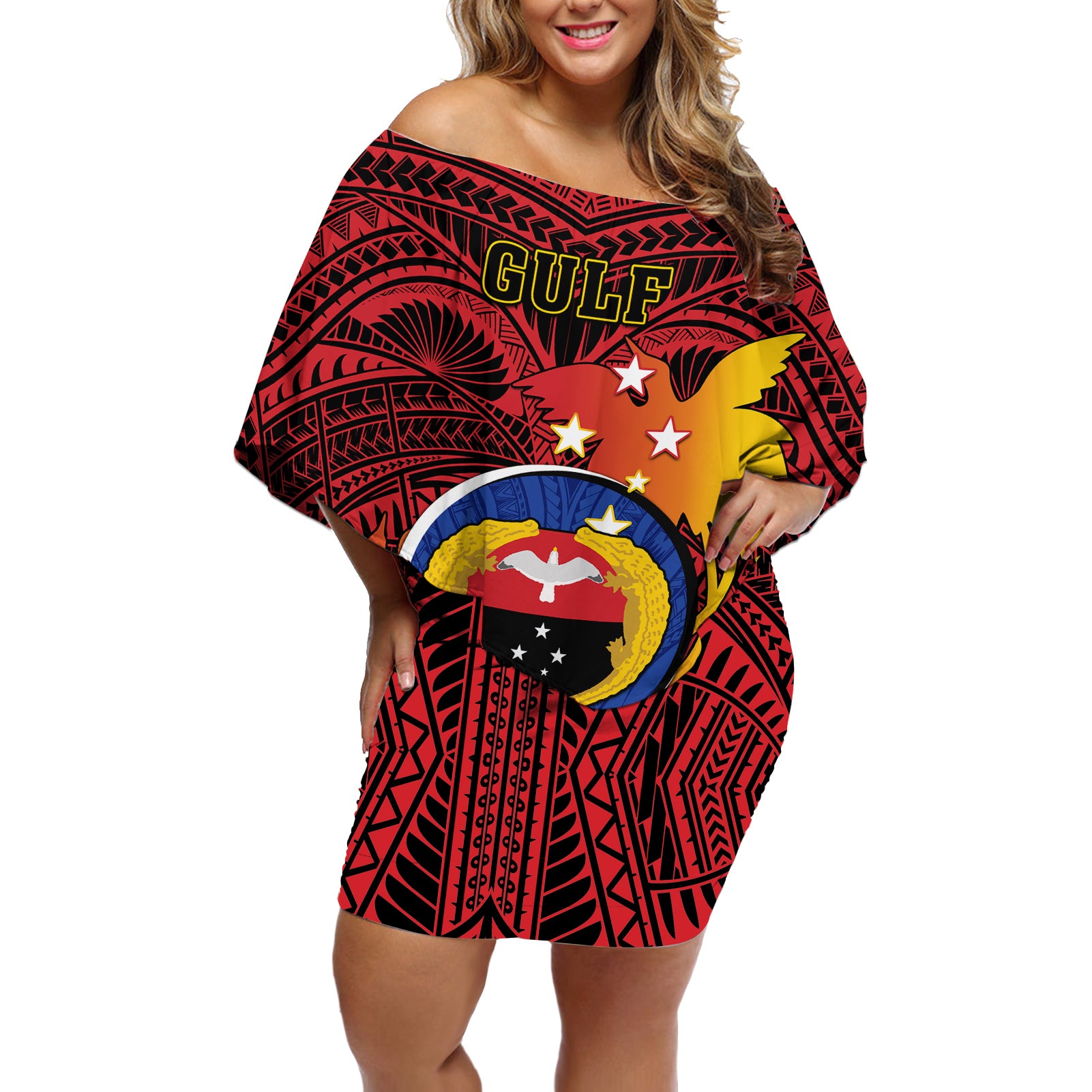 Papua New Guinea Gulf Province Off Shoulder Short Dress Mix Coat Of Arms Polynesian Pattern LT05 Women Red - Polynesian Pride