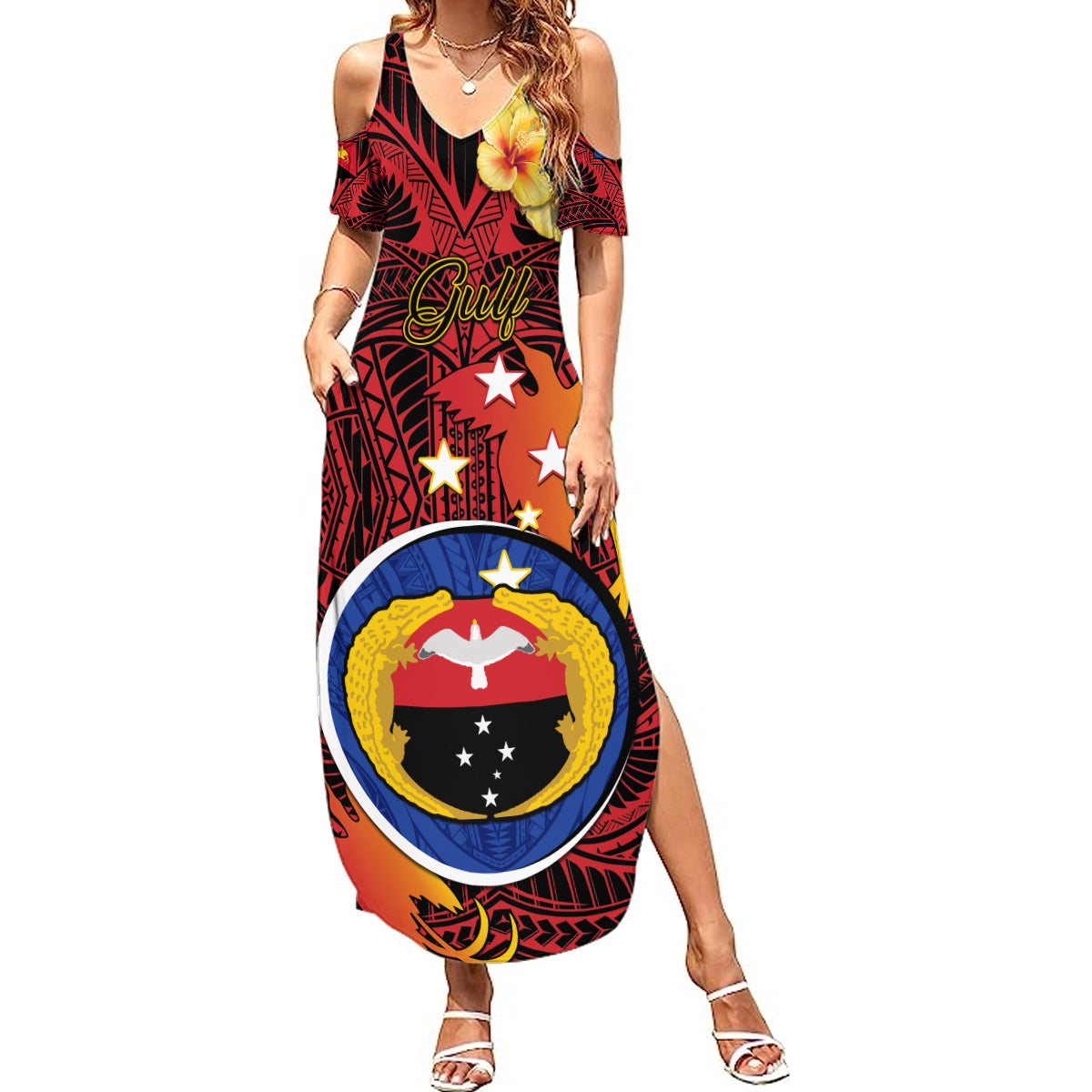 Papua New Guinea Gulf Province Summer Maxi Dress Mix Coat Of Arms Polynesian Pattern LT05 Women Red - Polynesian Pride