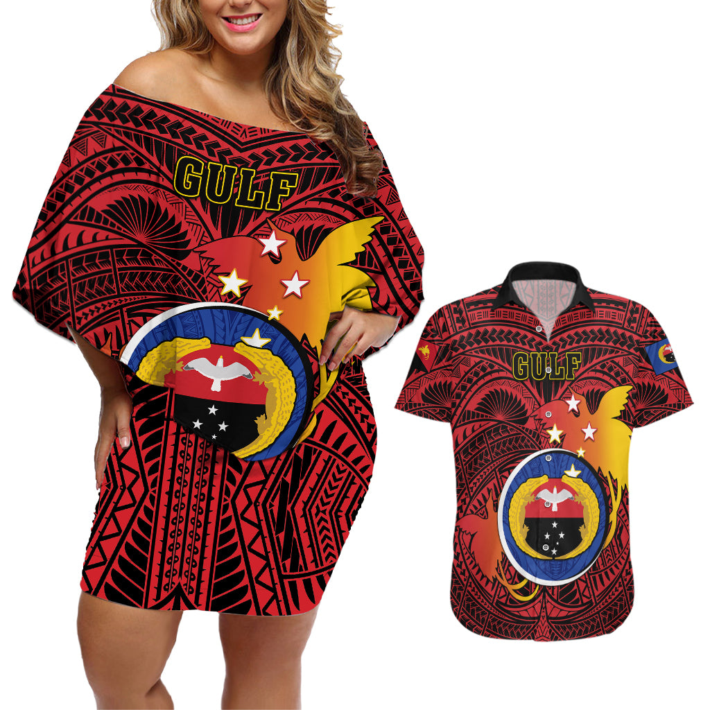 Personalized Papua New Guinea Gulf Province Couples Matching Off Shoulder Short Dress and Hawaiian Shirt Mix Coat Of Arms Polynesian Pattern LT05 Red - Polynesian Pride