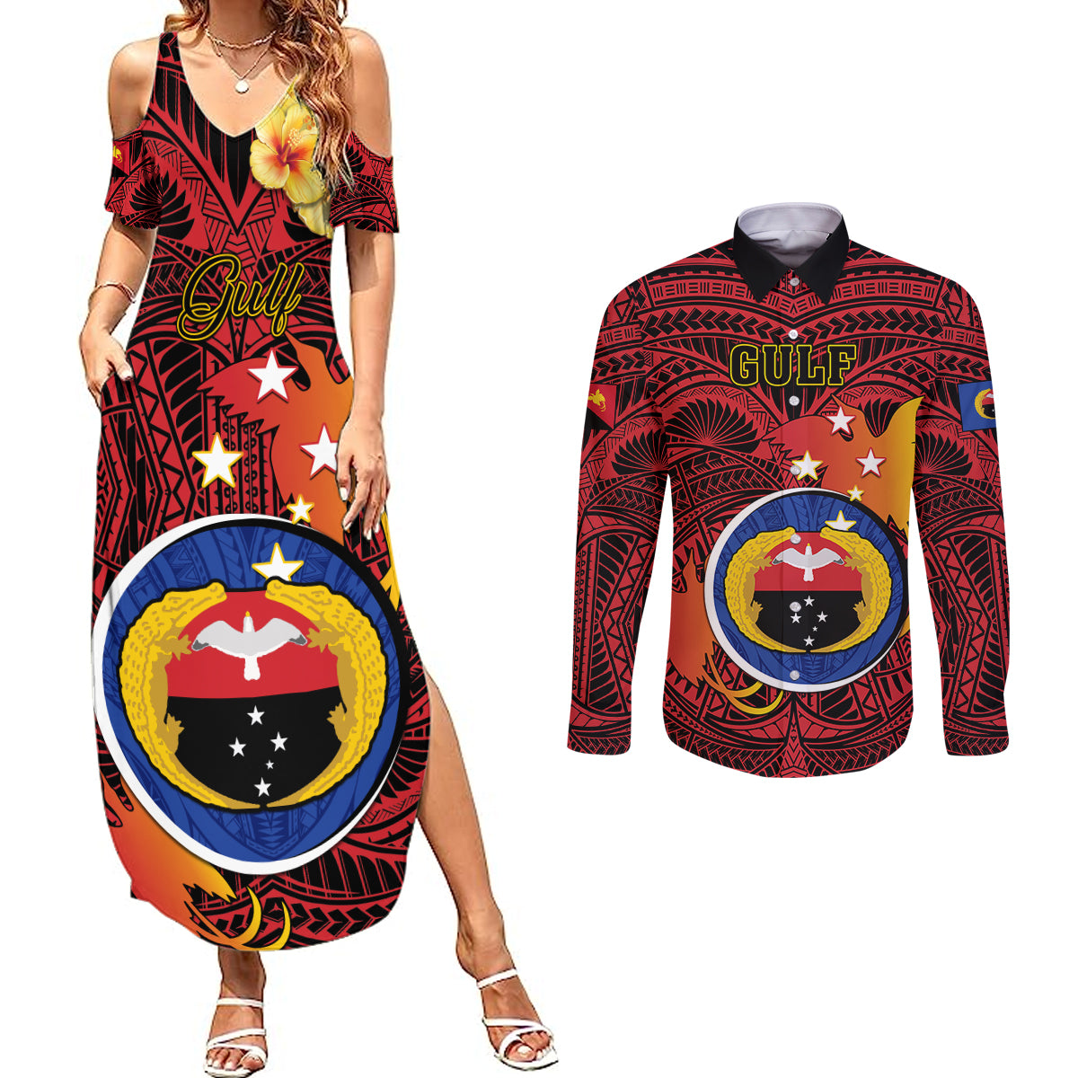 Personalized Papua New Guinea Gulf Province Couples Matching Summer Maxi Dress and Long Sleeve Button Shirts Mix Coat Of Arms Polynesian Pattern LT05 Red - Polynesian Pride