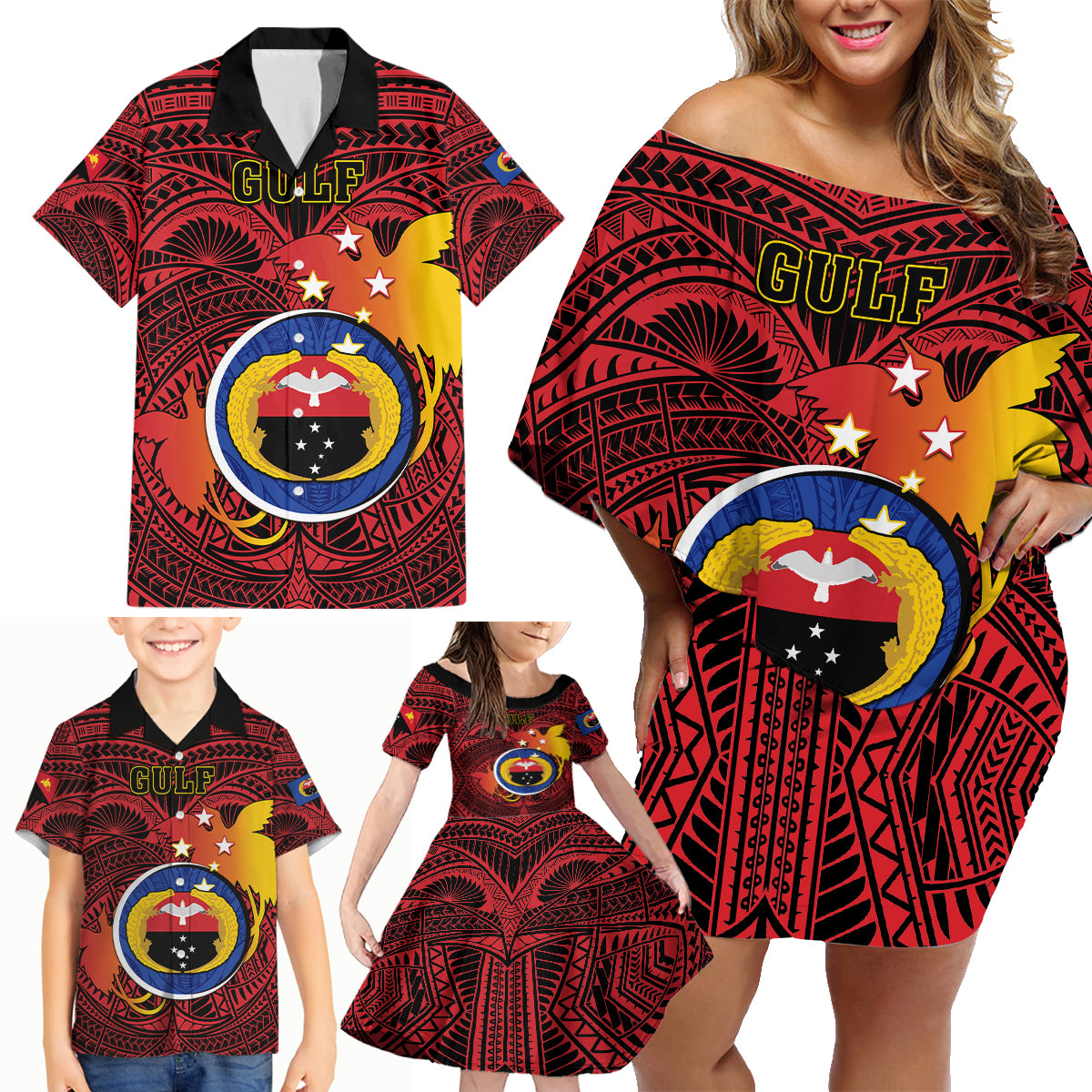 Personalized Papua New Guinea Gulf Province Family Matching Off Shoulder Short Dress and Hawaiian Shirt Mix Coat Of Arms Polynesian Pattern LT05 - Polynesian Pride