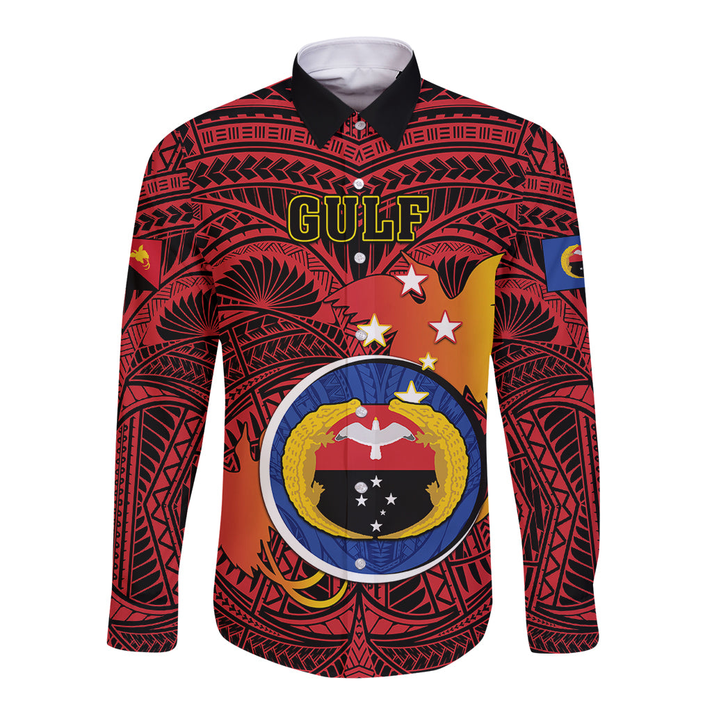 Personalized Papua New Guinea Gulf Province Long Sleeve Button Shirt Mix Coat Of Arms Polynesian Pattern LT05 Unisex Red - Polynesian Pride