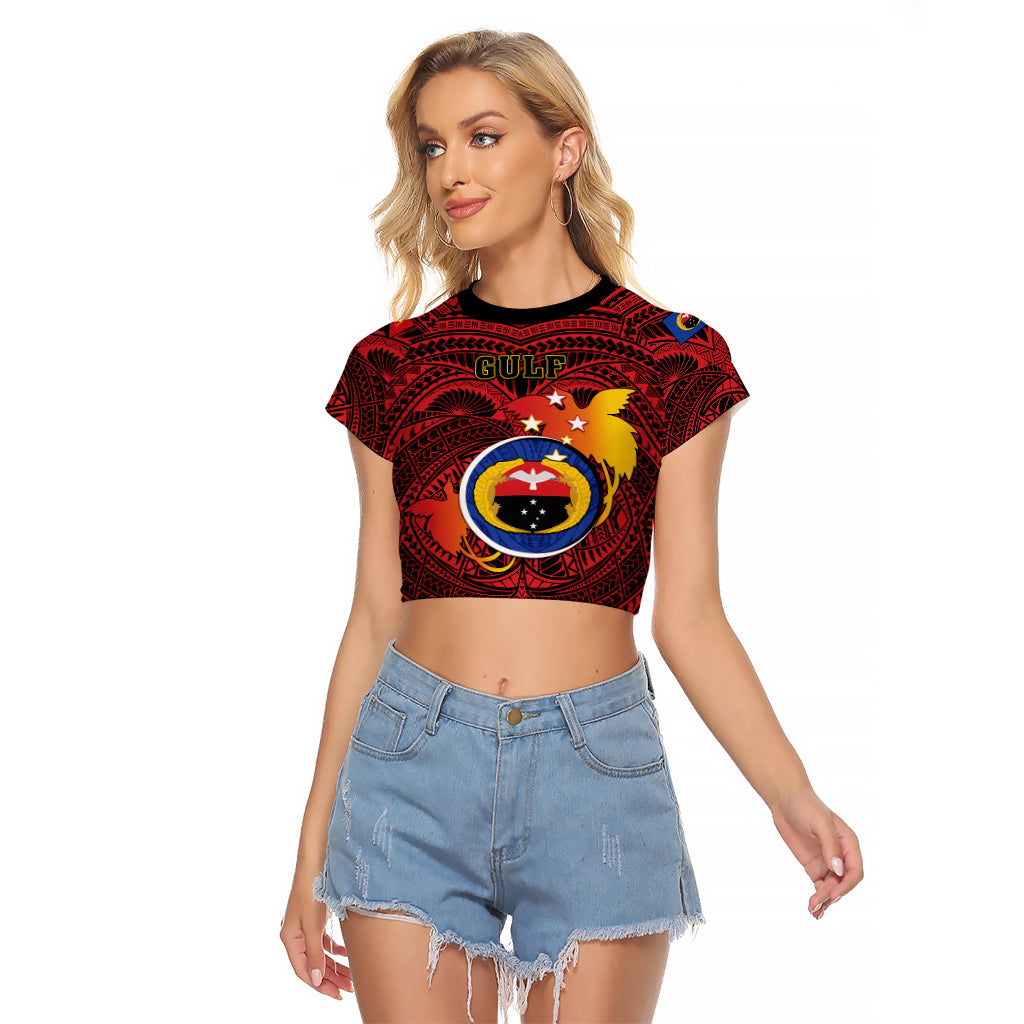 Personalized Papua New Guinea Gulf Province Raglan Cropped T Shirt Mix Coat Of Arms Polynesian Pattern LT05 Female Red - Polynesian Pride