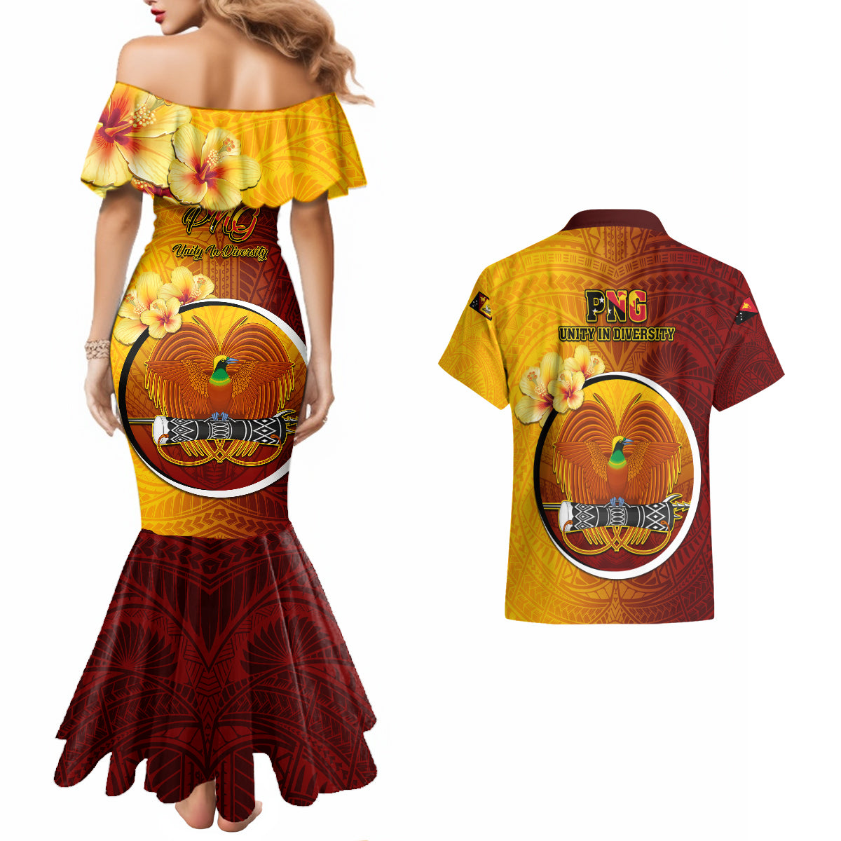 Papua New Guinea Western Province Couples Matching Mermaid Dress and Hawaiian Shirt Mix Coat Of Arms Polynesian Pattern LT05 - Polynesian Pride