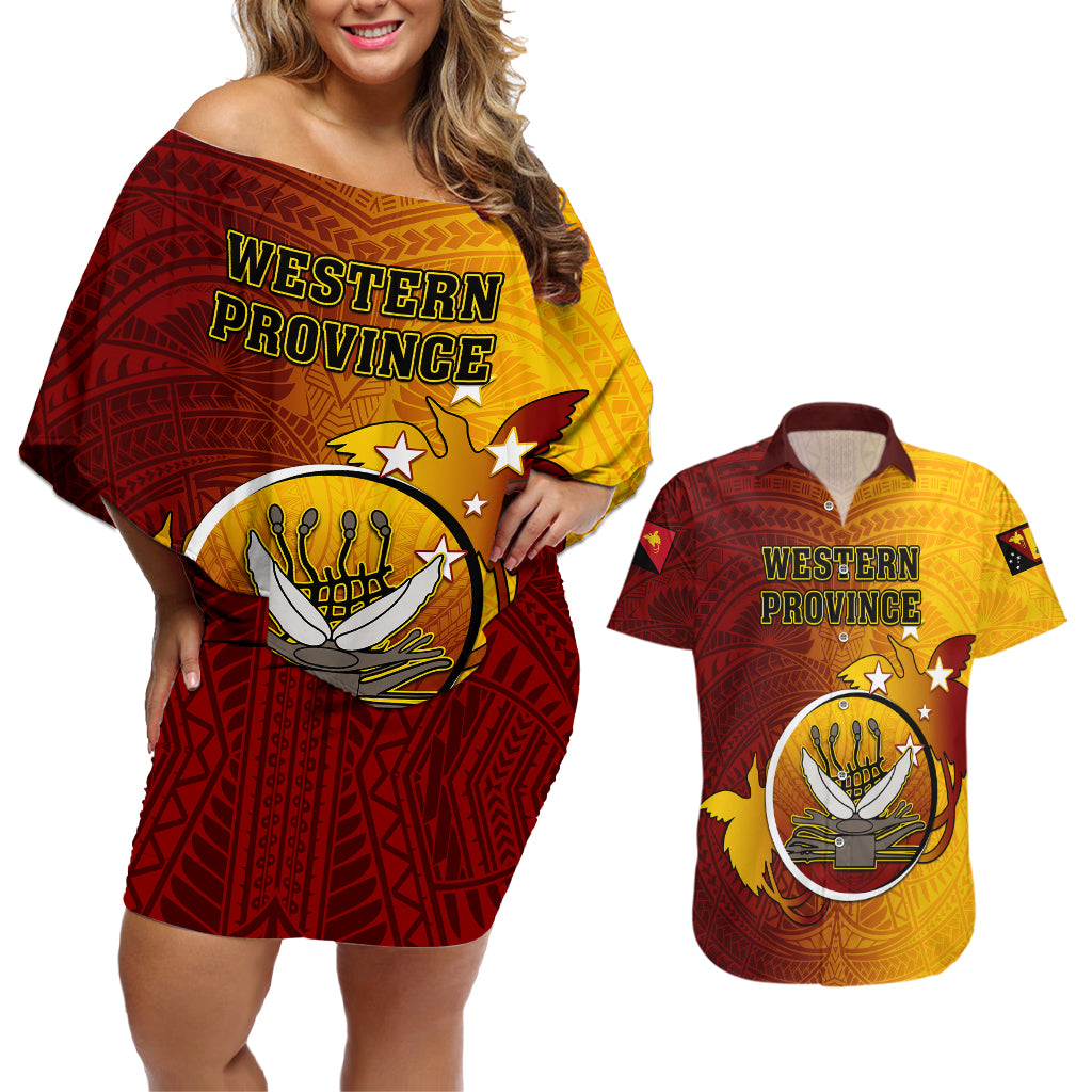 Papua New Guinea Western Province Couples Matching Off Shoulder Short Dress and Hawaiian Shirt Mix Coat Of Arms Polynesian Pattern LT05 Red - Polynesian Pride