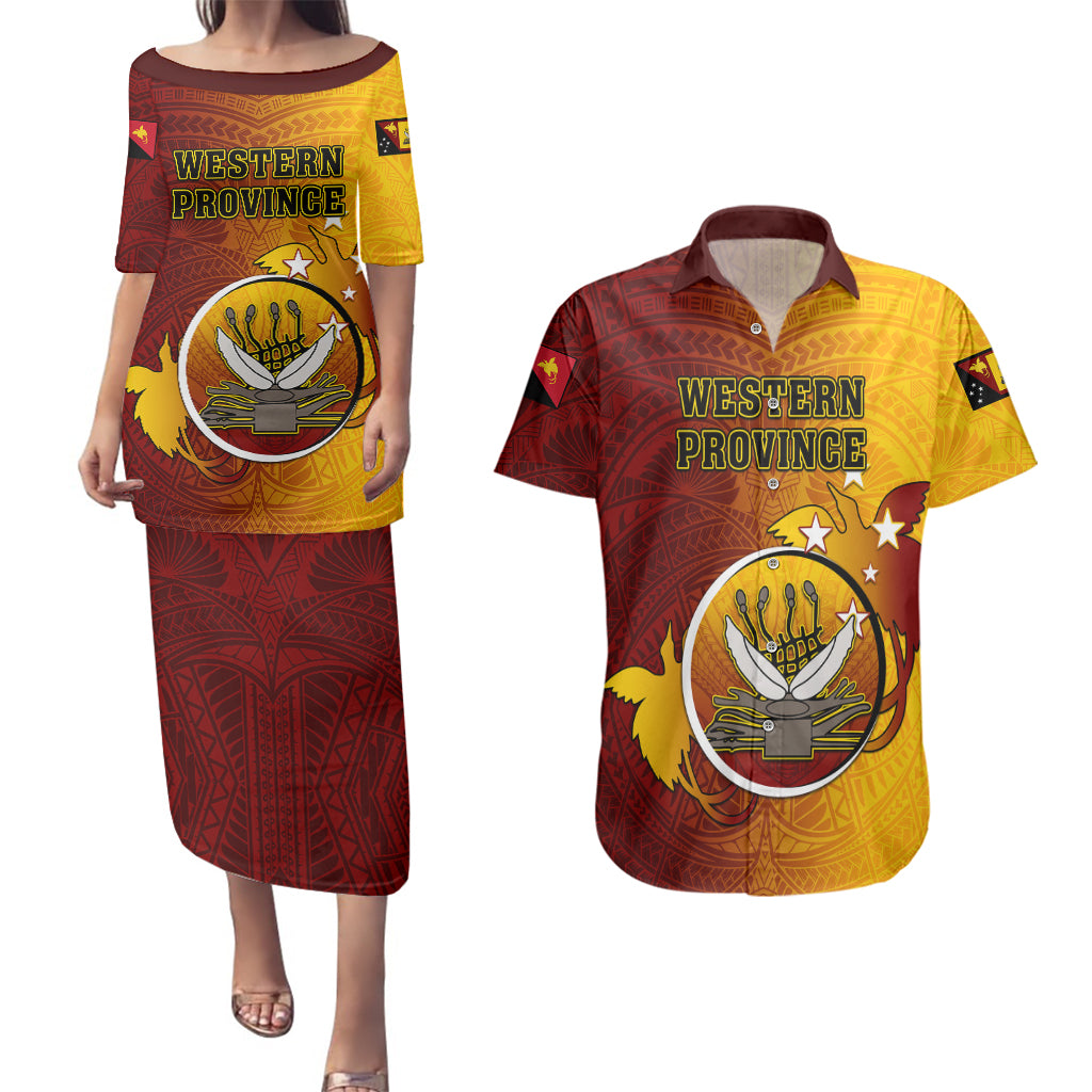 Papua New Guinea Western Province Couples Matching Puletasi Dress and Hawaiian Shirt Mix Coat Of Arms Polynesian Pattern LT05 Red - Polynesian Pride