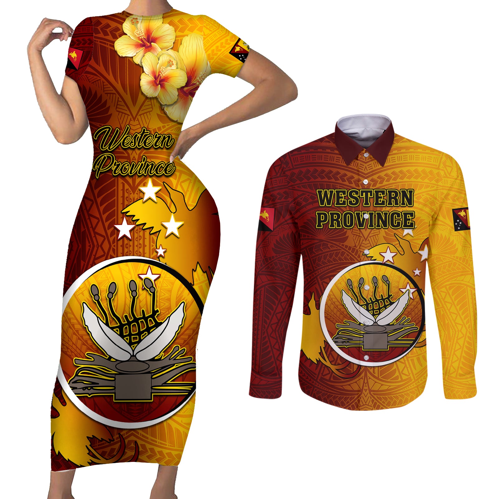 Personalized Papua New Guinea Western Province Couples Matching Short Sleeve Bodycon Dress and Long Sleeve Button Shirts Mix Coat Of Arms Polynesian Pattern LT05 Red - Polynesian Pride