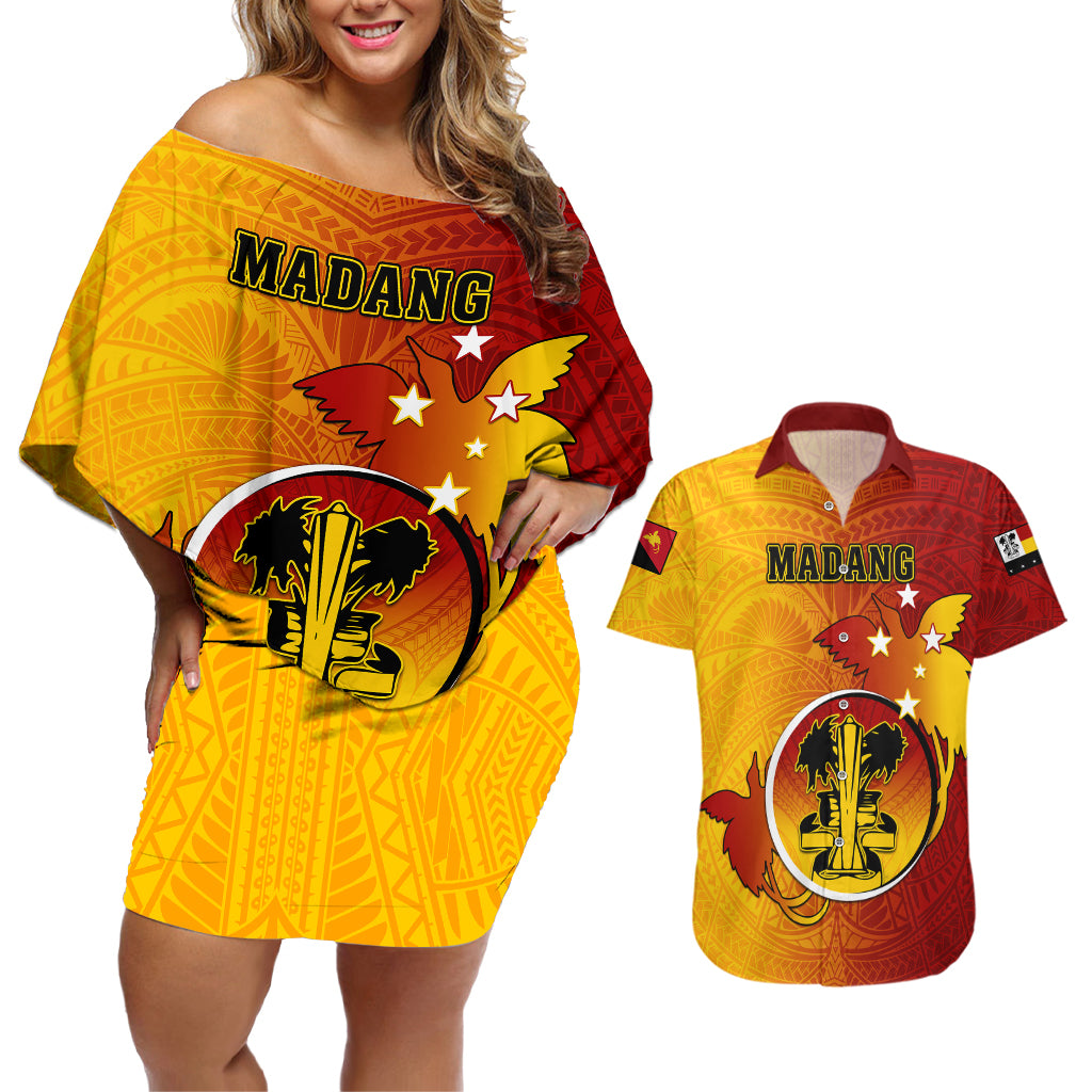 Papua New Guinea Madang Province Couples Matching Off Shoulder Short Dress and Hawaiian Shirt Mix Coat Of Arms Polynesian Pattern LT05 Yellow - Polynesian Pride