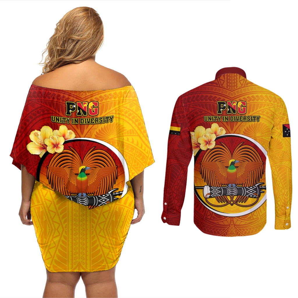 Papua New Guinea Madang Province Couples Matching Off Shoulder Short Dress and Long Sleeve Button Shirts Mix Coat Of Arms Polynesian Pattern LT05 - Polynesian Pride