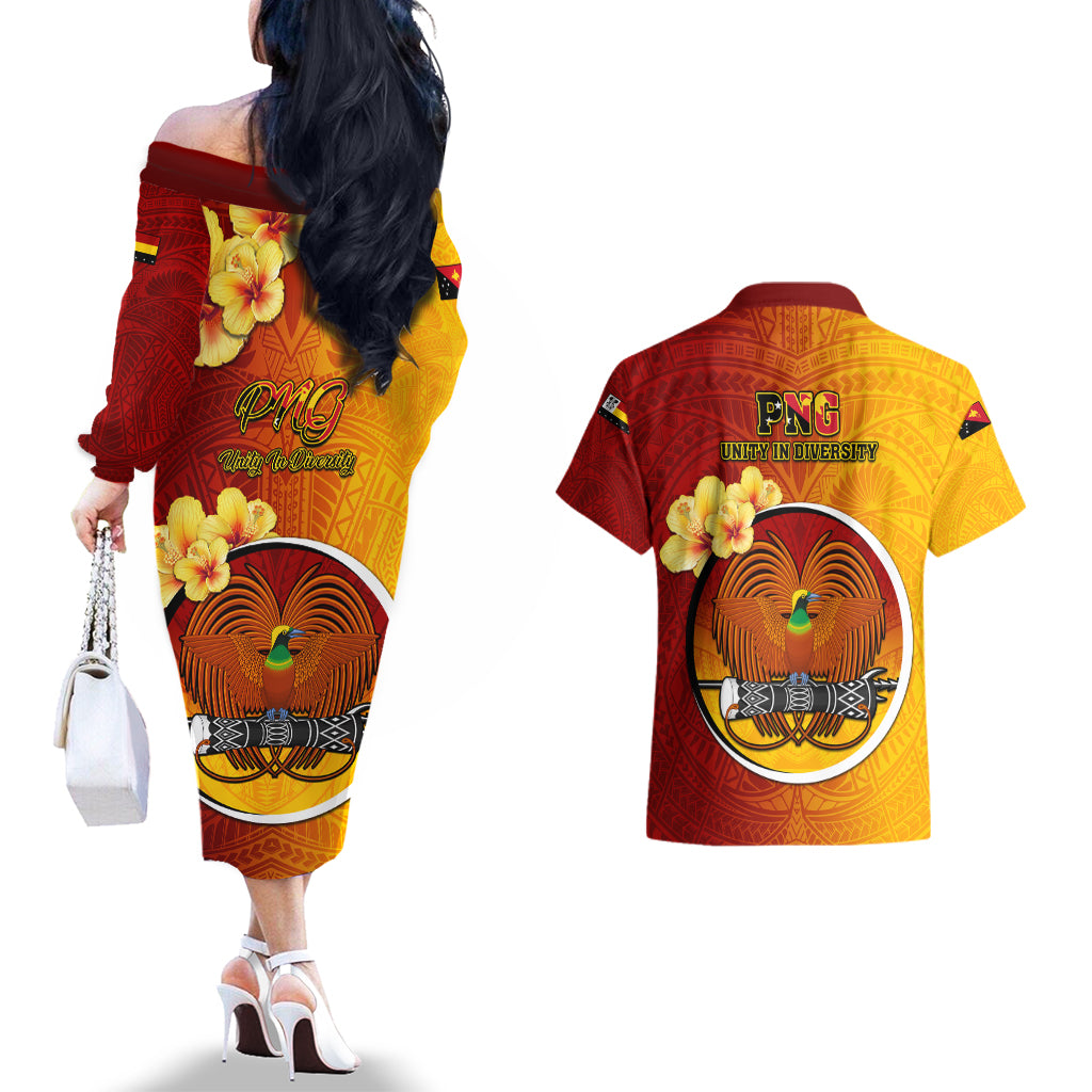 Papua New Guinea Madang Province Couples Matching Off The Shoulder Long Sleeve Dress and Hawaiian Shirt Mix Coat Of Arms Polynesian Pattern LT05 - Polynesian Pride