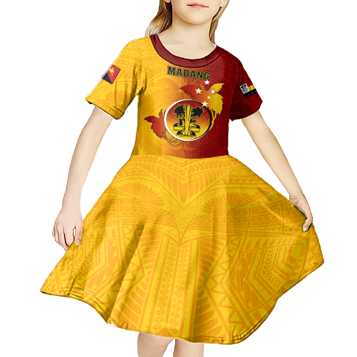 Papua New Guinea Madang Province Kid Short Sleeve Dress Mix Coat Of Arms Polynesian Pattern LT05 - Polynesian Pride