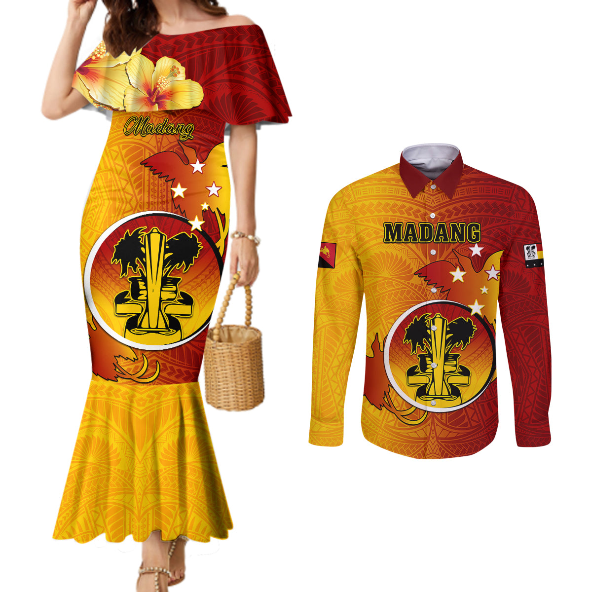 Personalized Papua New Guinea Madang Province Couples Matching Mermaid Dress and Long Sleeve Button Shirts Mix Coat Of Arms Polynesian Pattern LT05 Yellow - Polynesian Pride