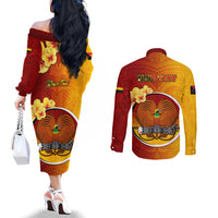 Personalized Papua New Guinea Madang Province Couples Matching Off The Shoulder Long Sleeve Dress and Long Sleeve Button Shirts Mix Coat Of Arms Polynesian Pattern LT05 - Polynesian Pride