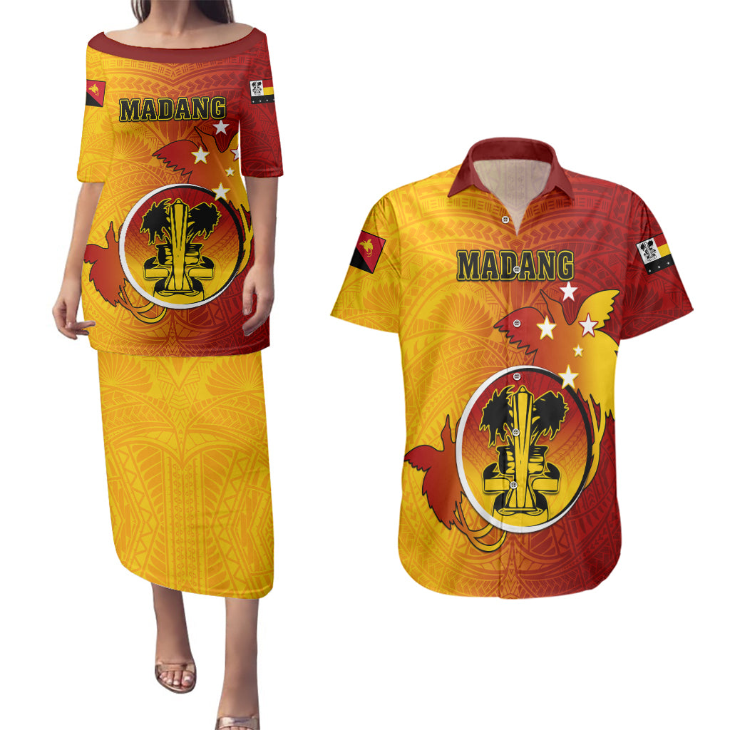 Personalized Papua New Guinea Madang Province Couples Matching Puletasi Dress and Hawaiian Shirt Mix Coat Of Arms Polynesian Pattern LT05 Yellow - Polynesian Pride
