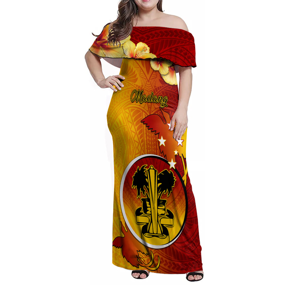 Personalized Papua New Guinea Madang Province Family Matching Off Shoulder Maxi Dress and Hawaiian Shirt Mix Coat Of Arms Polynesian Pattern LT05 Mom's Dress Yellow - Polynesian Pride