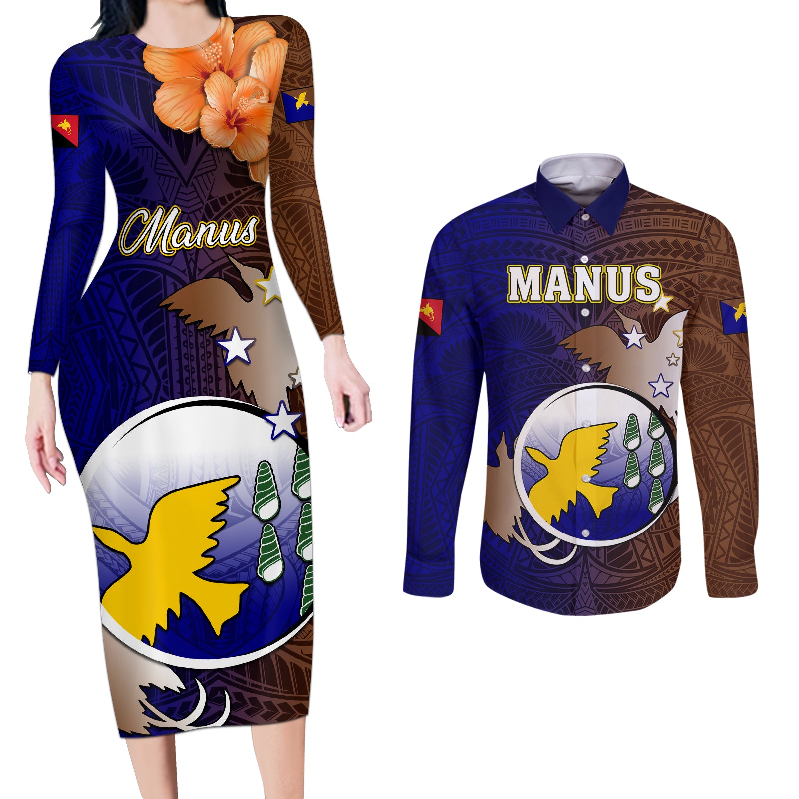 Papua New Guinea Manus Province Couples Matching Long Sleeve Bodycon Dress and Long Sleeve Button Shirts Mix Coat Of Arms Polynesian Pattern LT05 Brown - Polynesian Pride