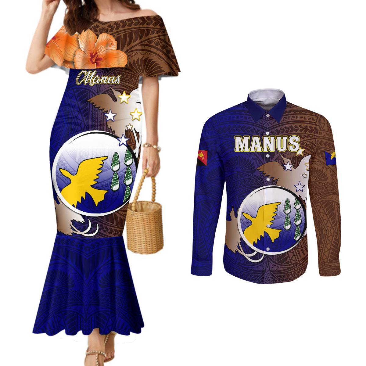 Papua New Guinea Manus Province Couples Matching Mermaid Dress and Long Sleeve Button Shirts Mix Coat Of Arms Polynesian Pattern LT05 Brown - Polynesian Pride
