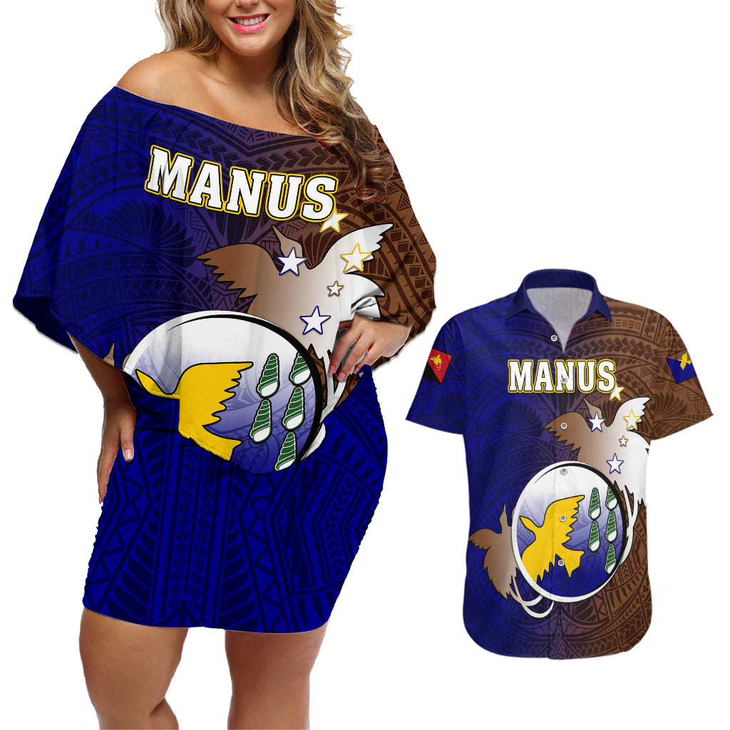 Papua New Guinea Manus Province Couples Matching Off Shoulder Short Dress and Hawaiian Shirt Mix Coat Of Arms Polynesian Pattern LT05 Brown - Polynesian Pride