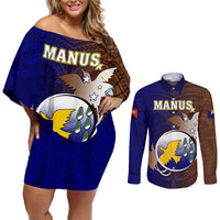 Papua New Guinea Manus Province Couples Matching Off Shoulder Short Dress and Long Sleeve Button Shirts Mix Coat Of Arms Polynesian Pattern LT05 Brown - Polynesian Pride