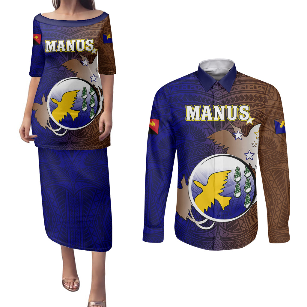 Papua New Guinea Manus Province Couples Matching Puletasi Dress and Long Sleeve Button Shirts Mix Coat Of Arms Polynesian Pattern LT05 Brown - Polynesian Pride