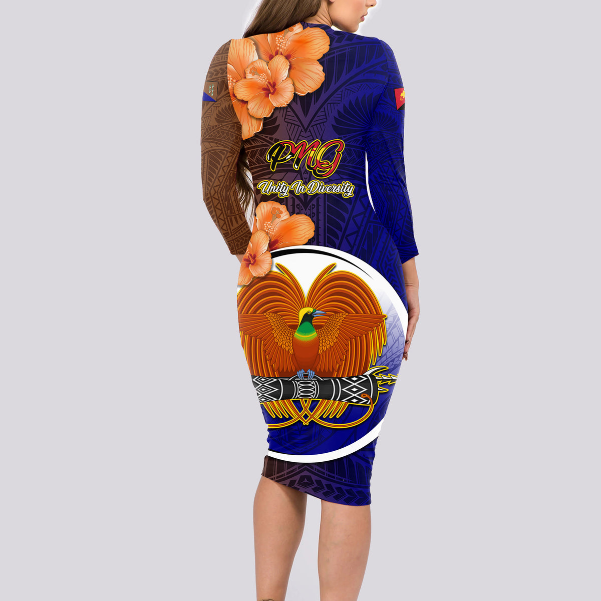 Papua New Guinea Manus Province Long Sleeve Bodycon Dress Mix Coat Of Arms Polynesian Pattern LT05 - Polynesian Pride