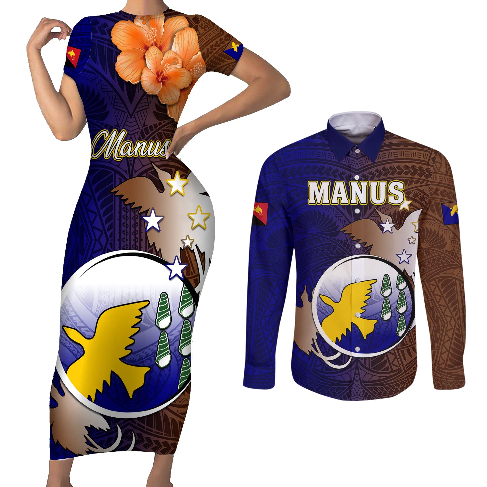 Personalized Papua New Guinea Manus Province Couples Matching Short Sleeve Bodycon Dress and Long Sleeve Button Shirts Mix Coat Of Arms Polynesian Pattern LT05 Brown - Polynesian Pride