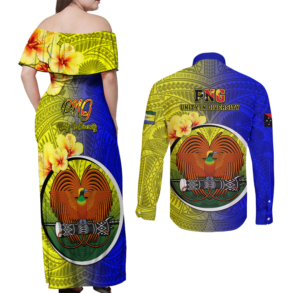 Papua New Guinea Morobe Province Couples Matching Off Shoulder Maxi Dress and Long Sleeve Button Shirts Mix Coat Of Arms Polynesian Pattern LT05 - Polynesian Pride
