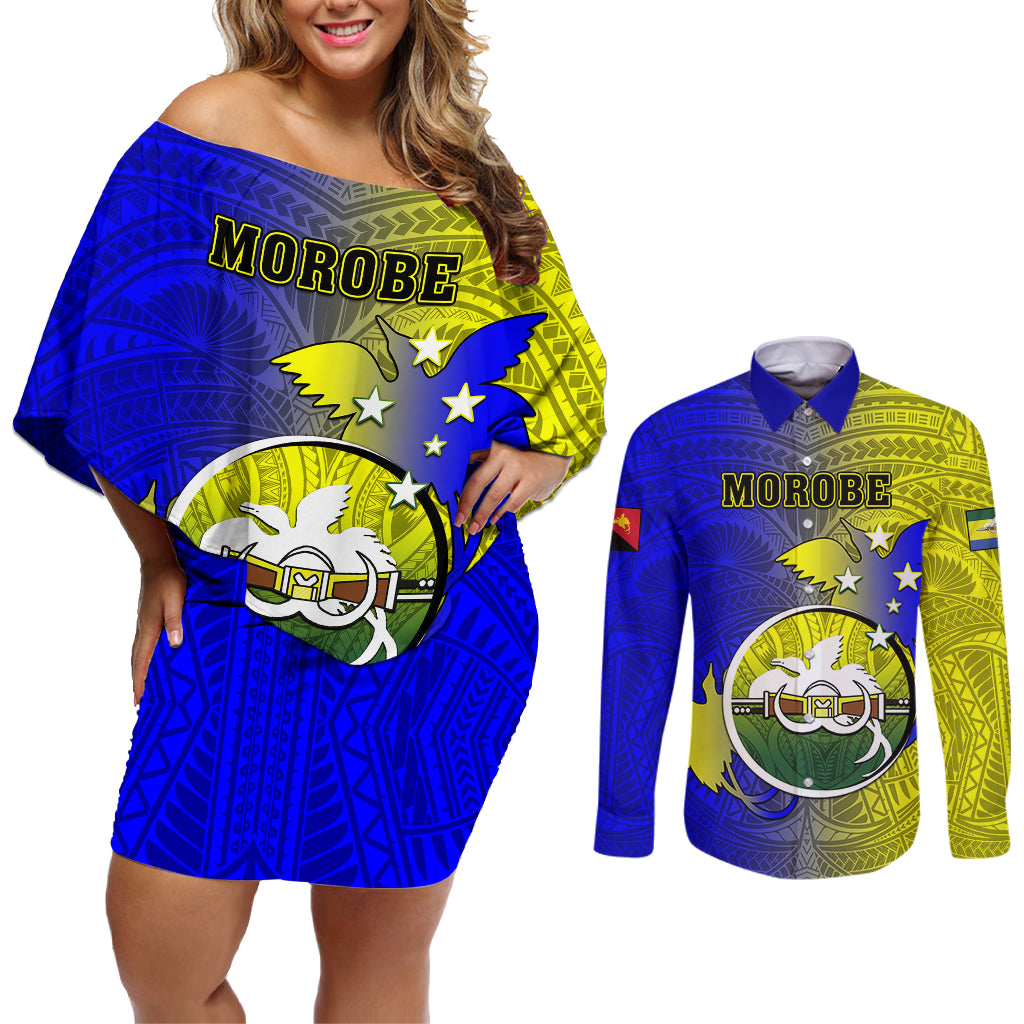 Papua New Guinea Morobe Province Couples Matching Off Shoulder Short Dress and Long Sleeve Button Shirts Mix Coat Of Arms Polynesian Pattern LT05 Yellow - Polynesian Pride