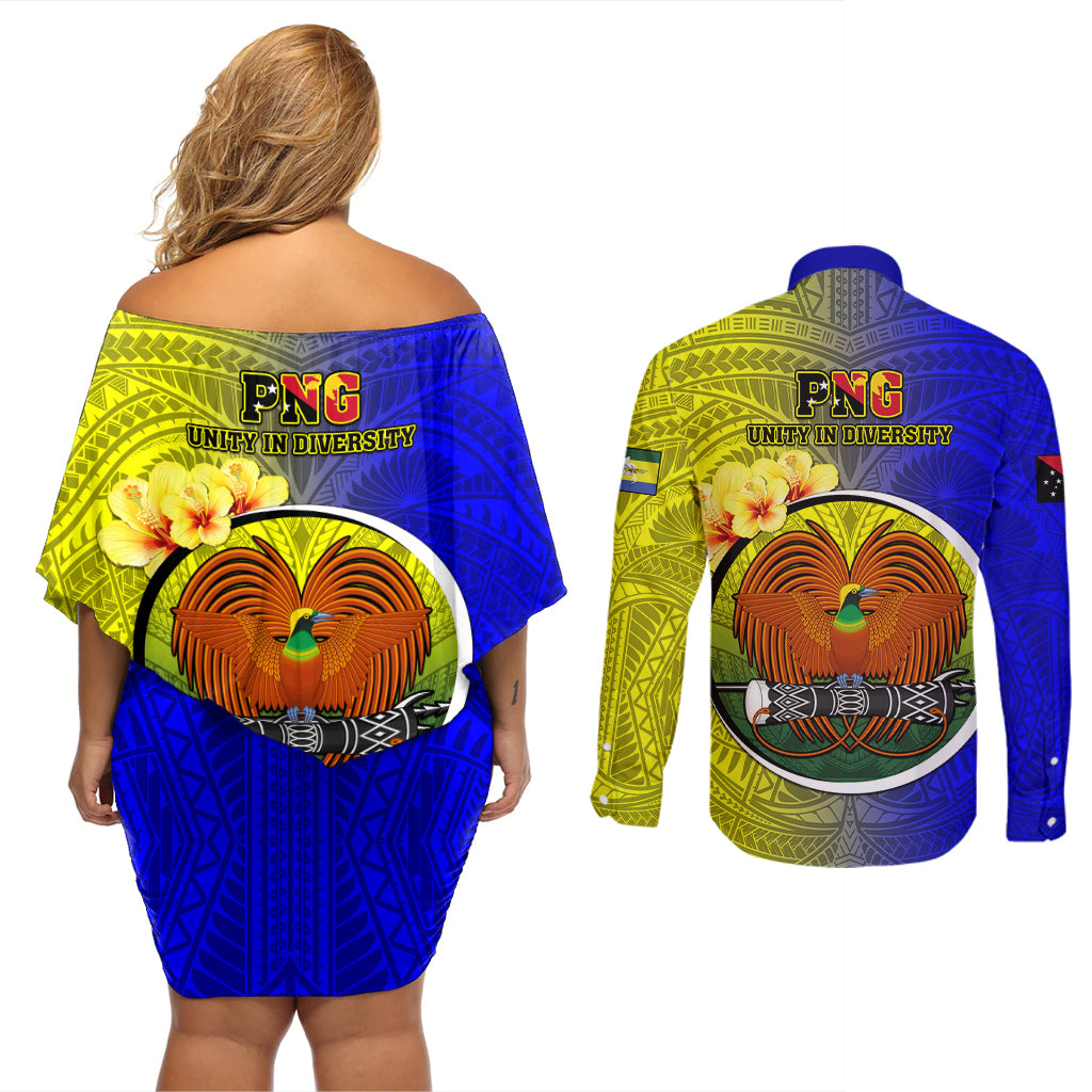 Papua New Guinea Morobe Province Couples Matching Off Shoulder Short Dress and Long Sleeve Button Shirts Mix Coat Of Arms Polynesian Pattern LT05 - Polynesian Pride