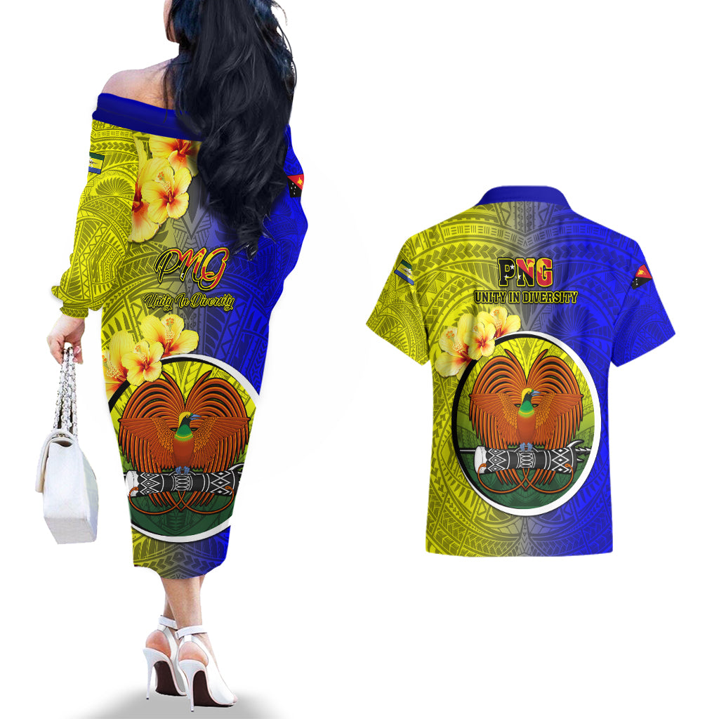 Papua New Guinea Morobe Province Couples Matching Off The Shoulder Long Sleeve Dress and Hawaiian Shirt Mix Coat Of Arms Polynesian Pattern LT05 - Polynesian Pride
