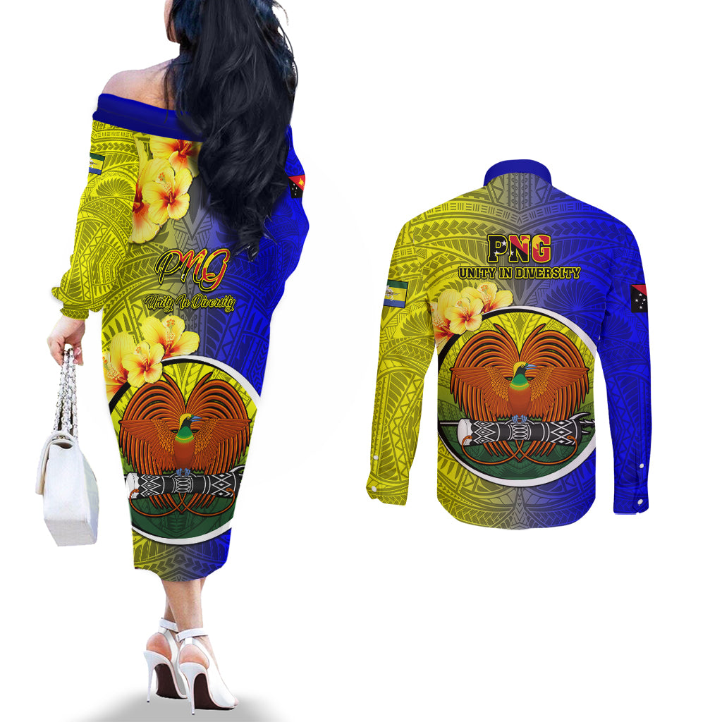 Papua New Guinea Morobe Province Couples Matching Off The Shoulder Long Sleeve Dress and Long Sleeve Button Shirts Mix Coat Of Arms Polynesian Pattern LT05 - Polynesian Pride