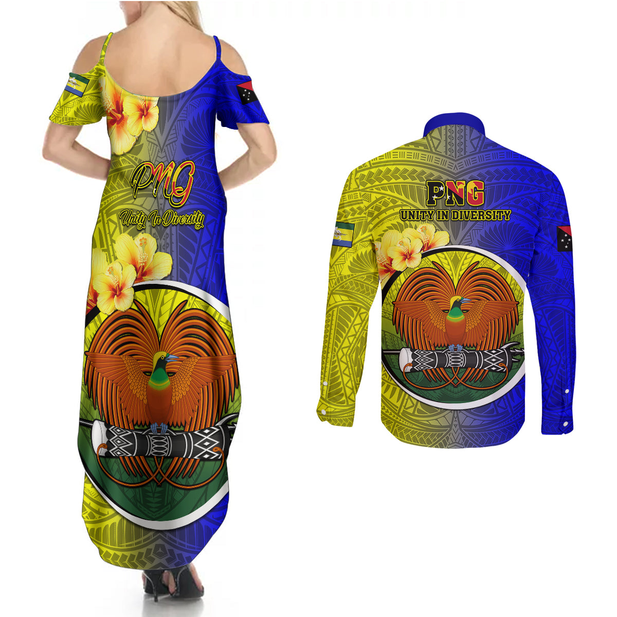 Papua New Guinea Morobe Province Couples Matching Summer Maxi Dress and Long Sleeve Button Shirts Mix Coat Of Arms Polynesian Pattern LT05 - Polynesian Pride