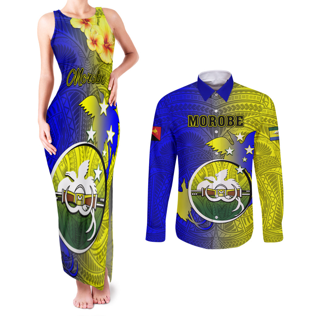 Papua New Guinea Morobe Province Couples Matching Tank Maxi Dress and Long Sleeve Button Shirts Mix Coat Of Arms Polynesian Pattern LT05 Yellow - Polynesian Pride
