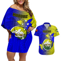 Personalized Papua New Guinea Morobe Province Couples Matching Off Shoulder Short Dress and Hawaiian Shirt Mix Coat Of Arms Polynesian Pattern LT05 Yellow - Polynesian Pride