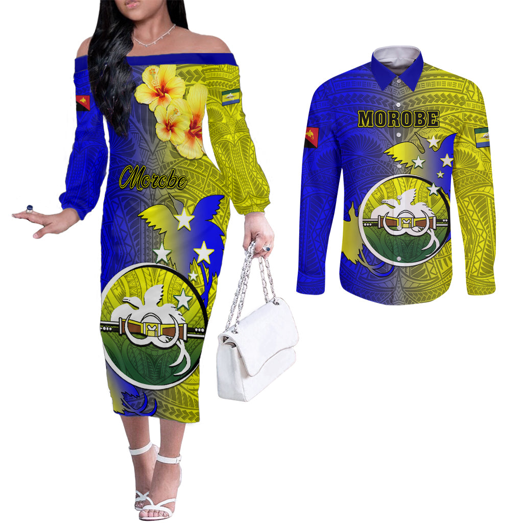 Personalized Papua New Guinea Morobe Province Couples Matching Off The Shoulder Long Sleeve Dress and Long Sleeve Button Shirts Mix Coat Of Arms Polynesian Pattern LT05 Yellow - Polynesian Pride