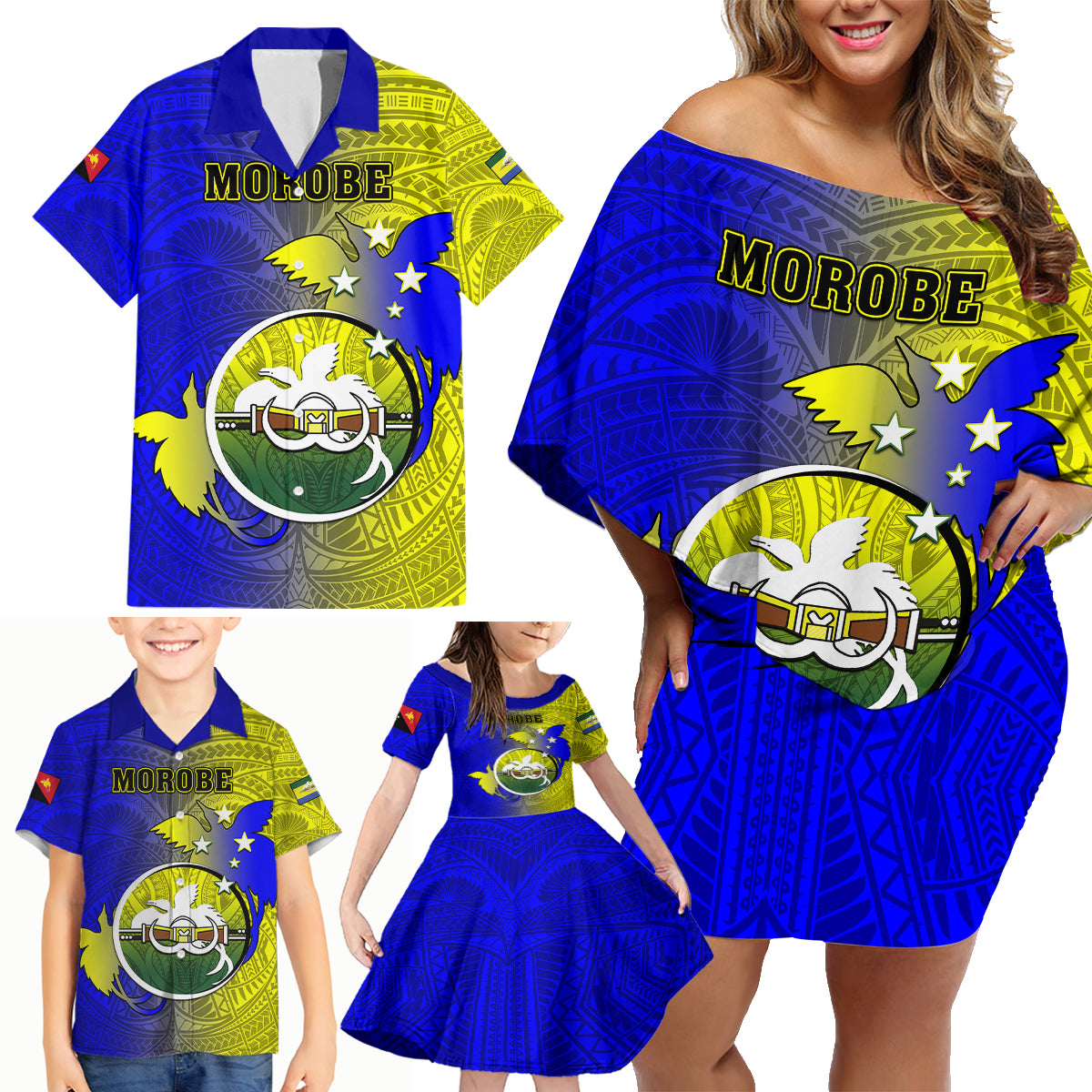 Personalized Papua New Guinea Morobe Province Family Matching Off Shoulder Short Dress and Hawaiian Shirt Mix Coat Of Arms Polynesian Pattern LT05 - Polynesian Pride