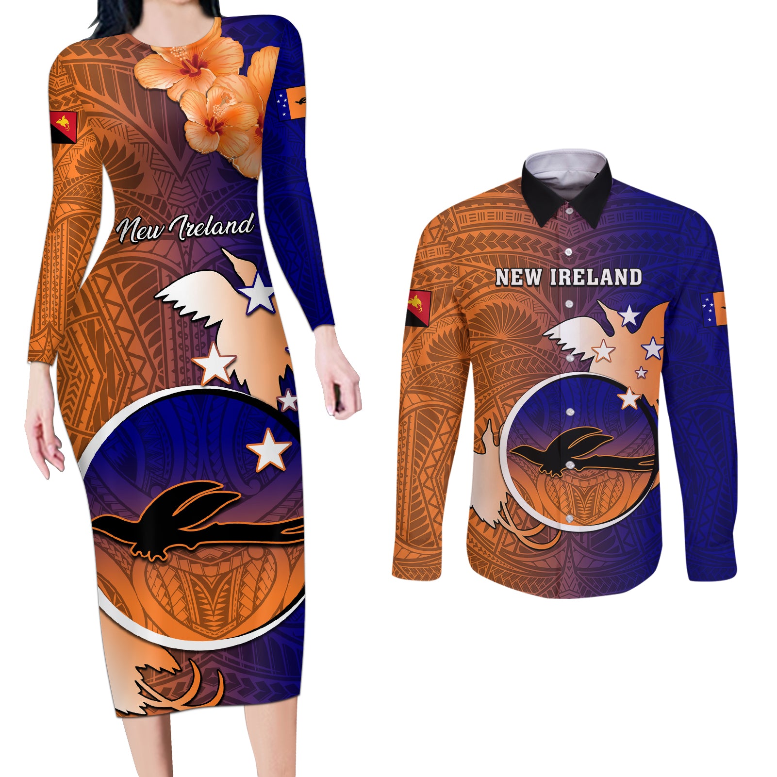 Papua New Guinea New Ireland Province Couples Matching Long Sleeve Bodycon Dress and Long Sleeve Button Shirts Mix Coat Of Arms Polynesian Pattern LT05 Blue - Polynesian Pride