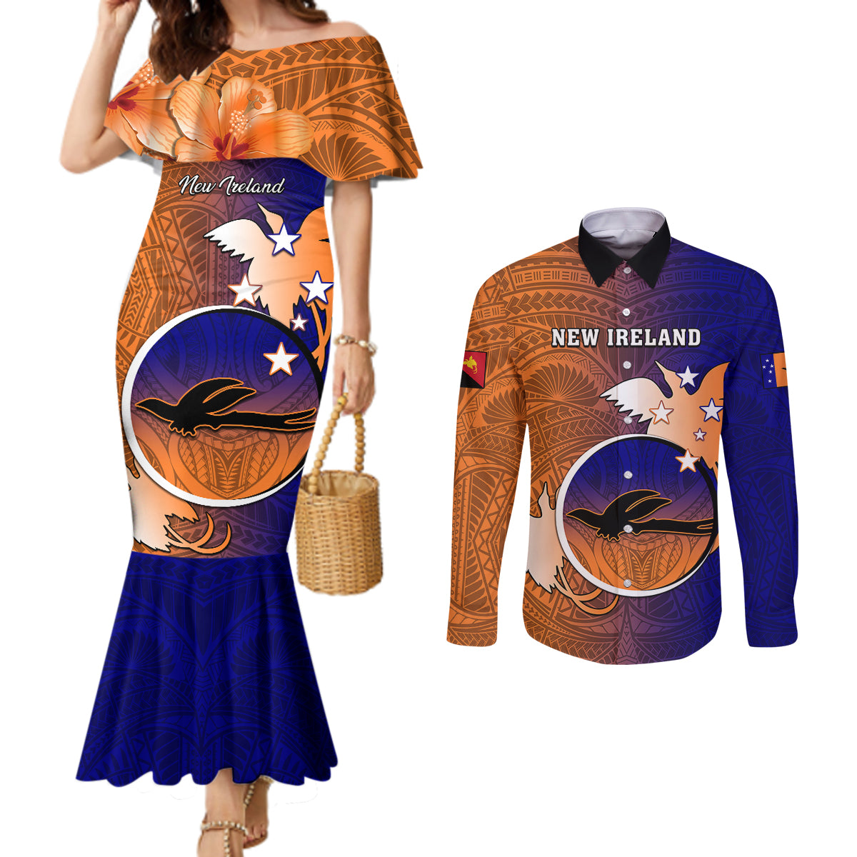 Papua New Guinea New Ireland Province Couples Matching Mermaid Dress and Long Sleeve Button Shirts Mix Coat Of Arms Polynesian Pattern LT05 Blue - Polynesian Pride