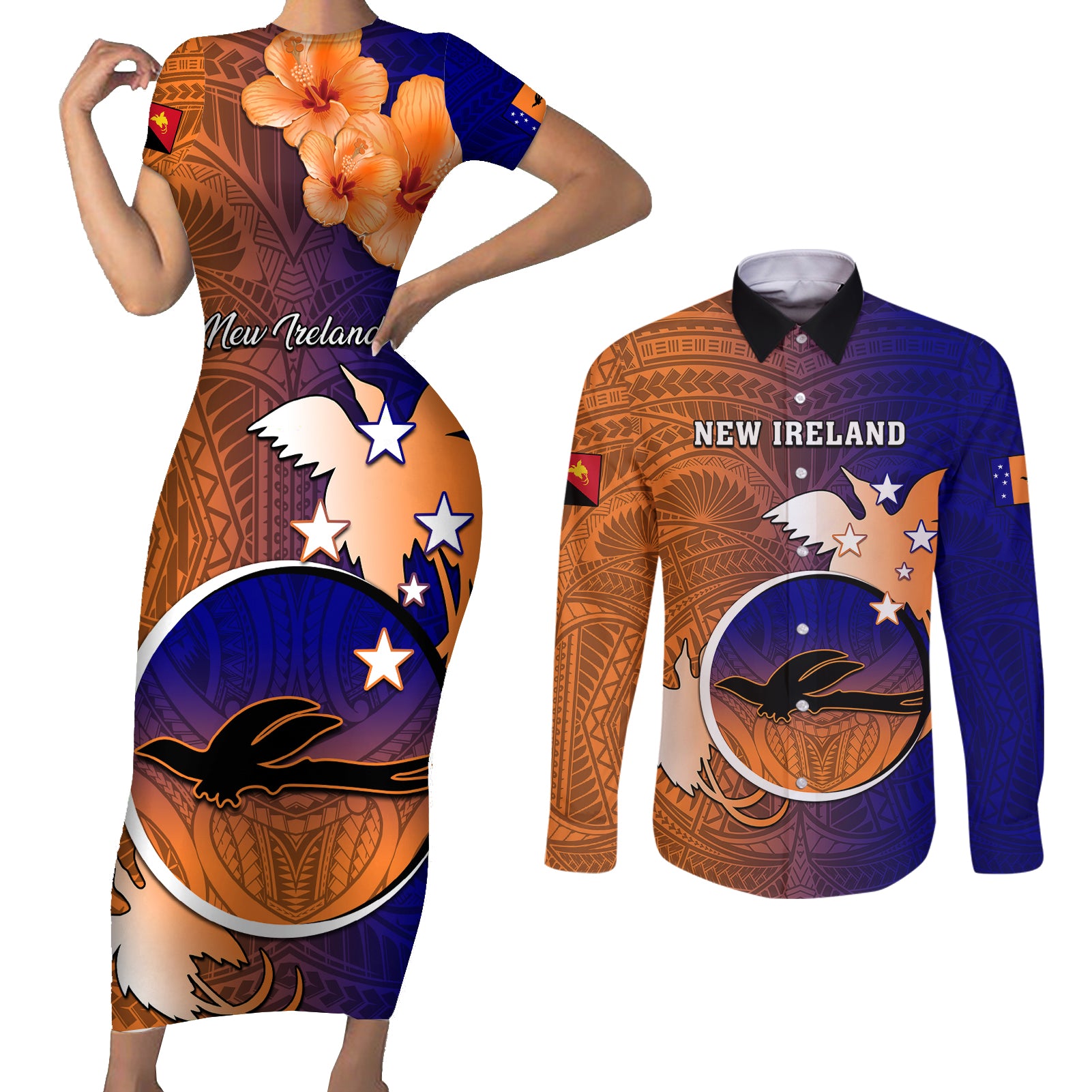 Papua New Guinea New Ireland Province Couples Matching Short Sleeve Bodycon Dress and Long Sleeve Button Shirts Mix Coat Of Arms Polynesian Pattern LT05 Blue - Polynesian Pride