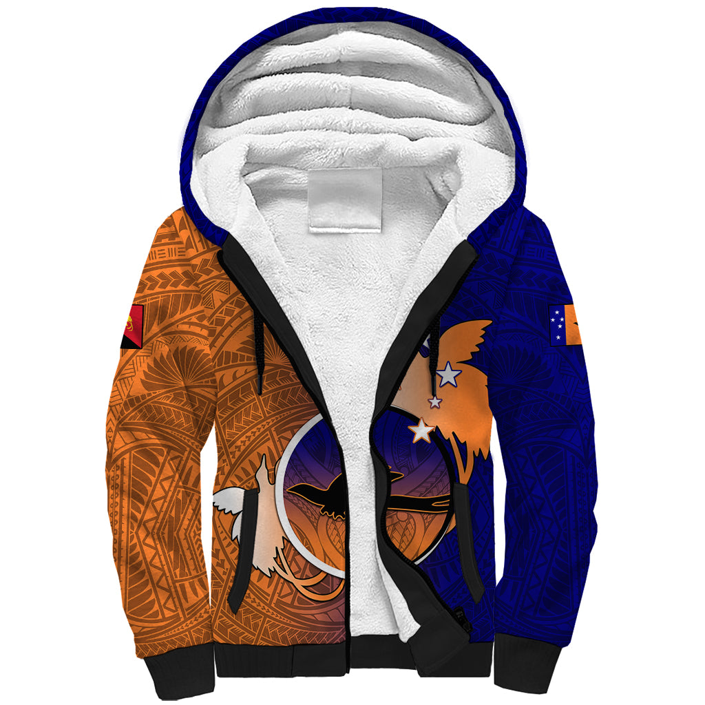 Papua New Guinea New Ireland Province Sherpa Hoodie Mix Coat Of Arms Polynesian Pattern LT05 Unisex Blue - Polynesian Pride