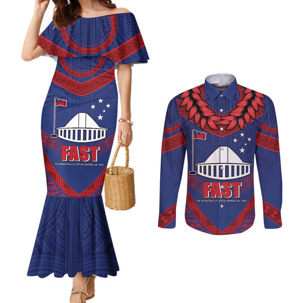 Personalised FAST Party Samoa Couples Matching Mermaid Dress and Long Sleeve Button Shirt Samoan Coat Of Arms Ulafala Style