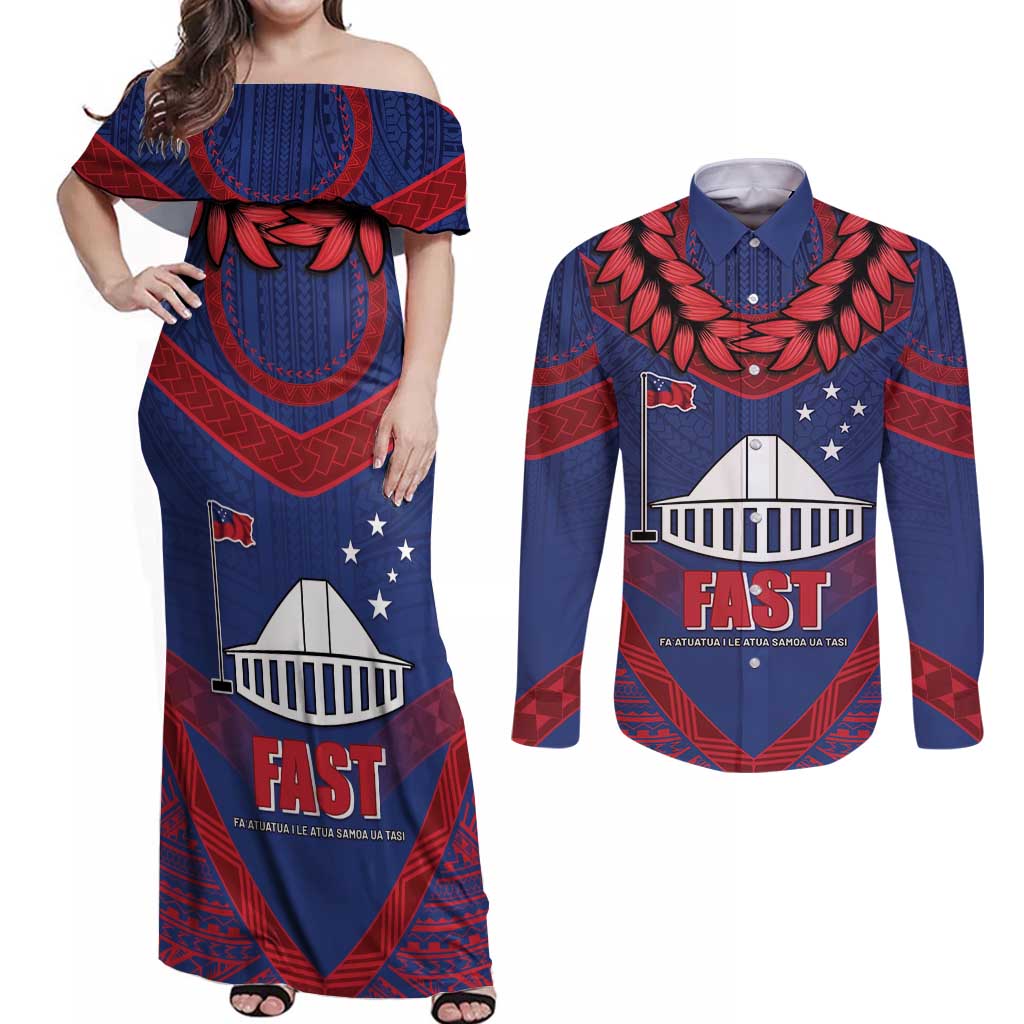 Personalised FAST Party Samoa Couples Matching Off Shoulder Maxi Dress and Long Sleeve Button Shirt Samoan Coat Of Arms Ulafala Style