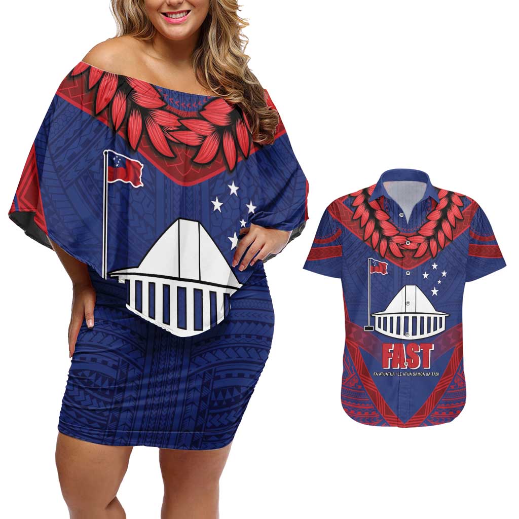 Personalised FAST Party Samoa Couples Matching Off Shoulder Short Dress and Hawaiian Shirt Samoan Coat Of Arms Ulafala Style