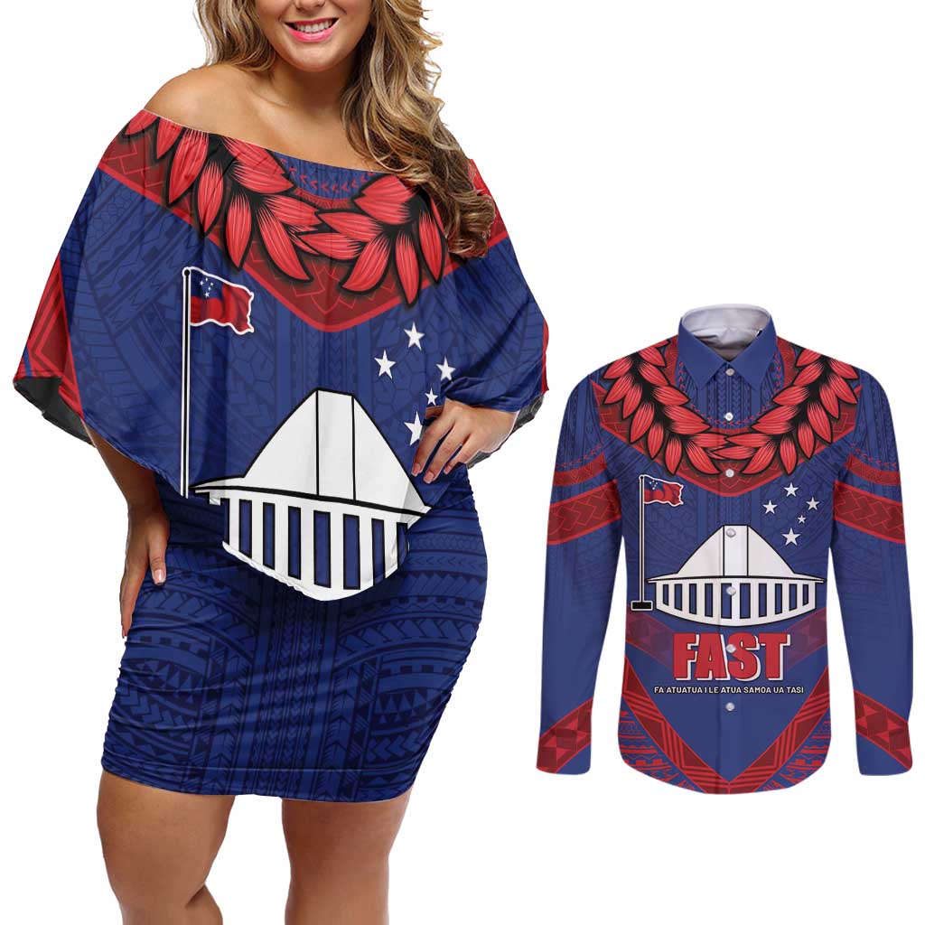 Personalised FAST Party Samoa Couples Matching Off Shoulder Short Dress and Long Sleeve Button Shirt Samoan Coat Of Arms Ulafala Style