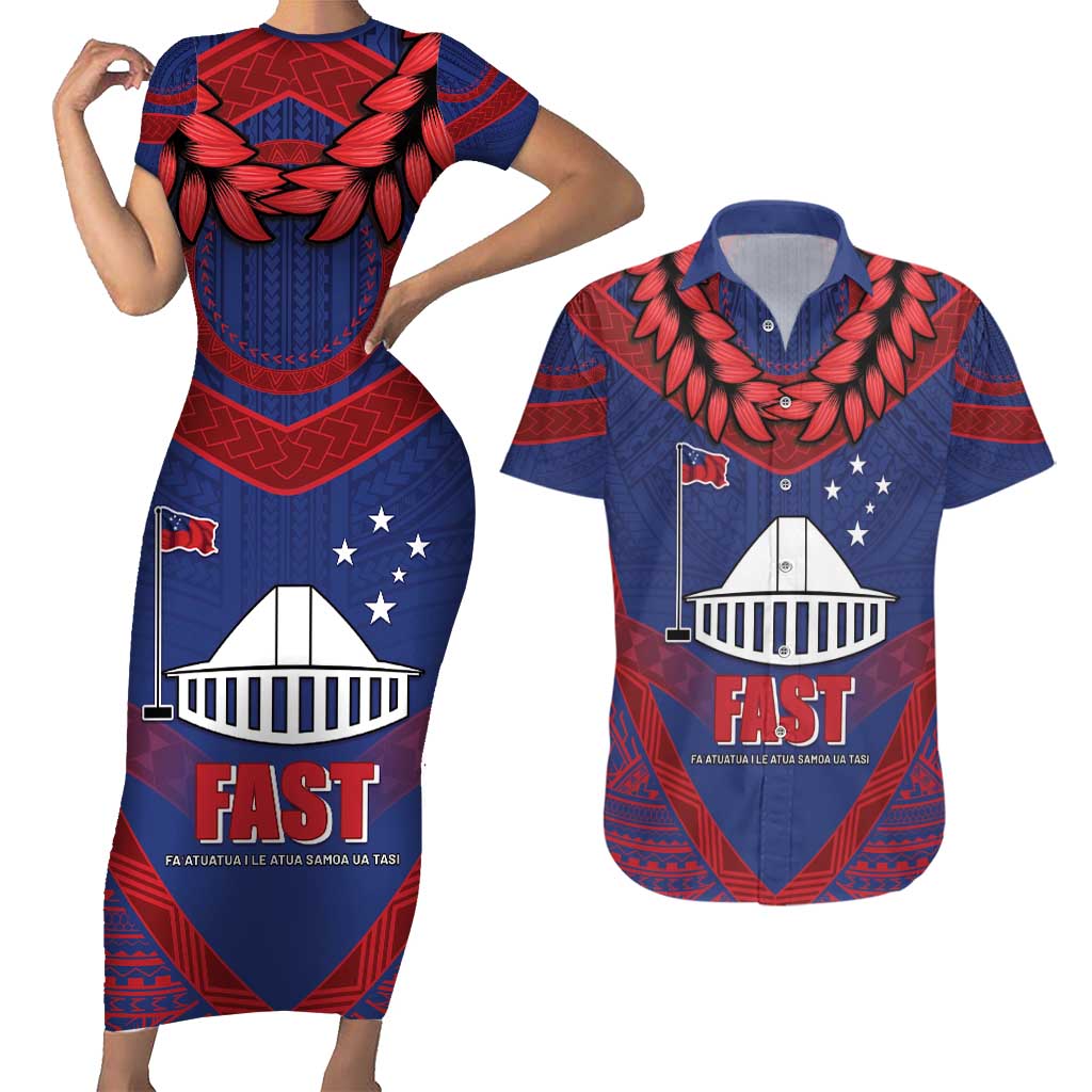 Personalised FAST Party Samoa Couples Matching Short Sleeve Bodycon Dress and Hawaiian Shirt Samoan Coat Of Arms Ulafala Style