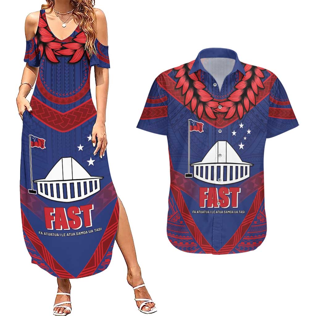 Personalised FAST Party Samoa Couples Matching Summer Maxi Dress and Hawaiian Shirt Samoan Coat Of Arms Ulafala Style