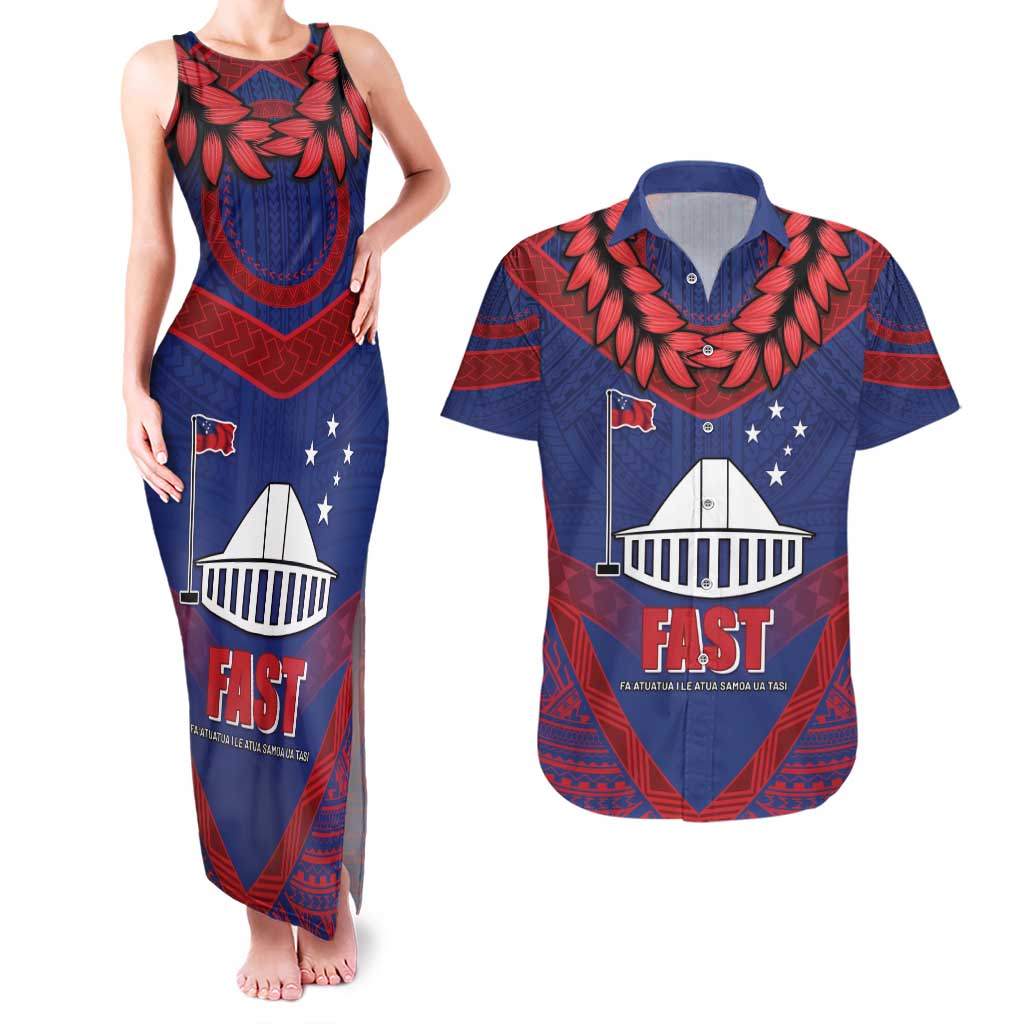 Personalised FAST Party Samoa Couples Matching Tank Maxi Dress and Hawaiian Shirt Samoan Coat Of Arms Ulafala Style