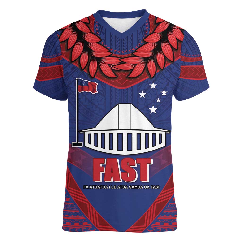 Personalised FAST Party Samoa Women V-Neck T-Shirt Samoan Coat Of Arms Ulafala Style